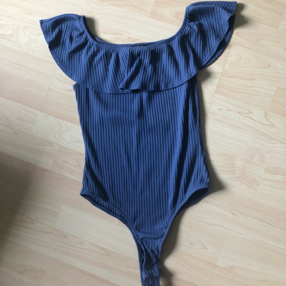 Blue off the shoulder body suit